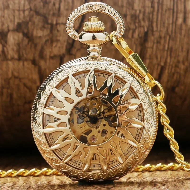 Antique Hollow Out Flower Sun Case Design Roman Number Dial Men Women Skeleton Manual Mechanical Pocket Watch Pendant Chain