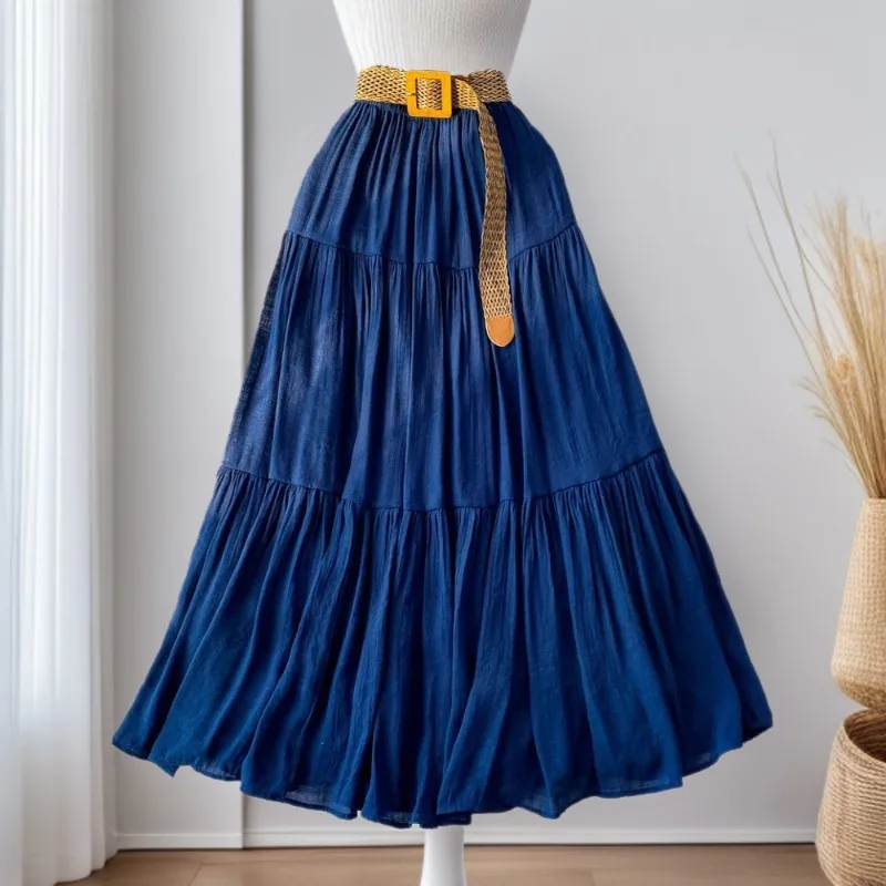 

2026 Fashion Multicolor Summer Long Skirt Women's Elastic-waist Casual Pleated Skirts Elegant Cotton-linen Big-hem A-line Skirts