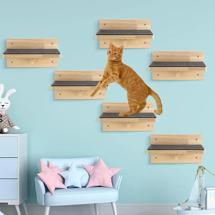 

Lenwen Set of 6 Cat Wall Steps Shelf Shelves Wood Cat Climbing Shelves for Mounted Furniture Wall Bed Wood Stairs wi