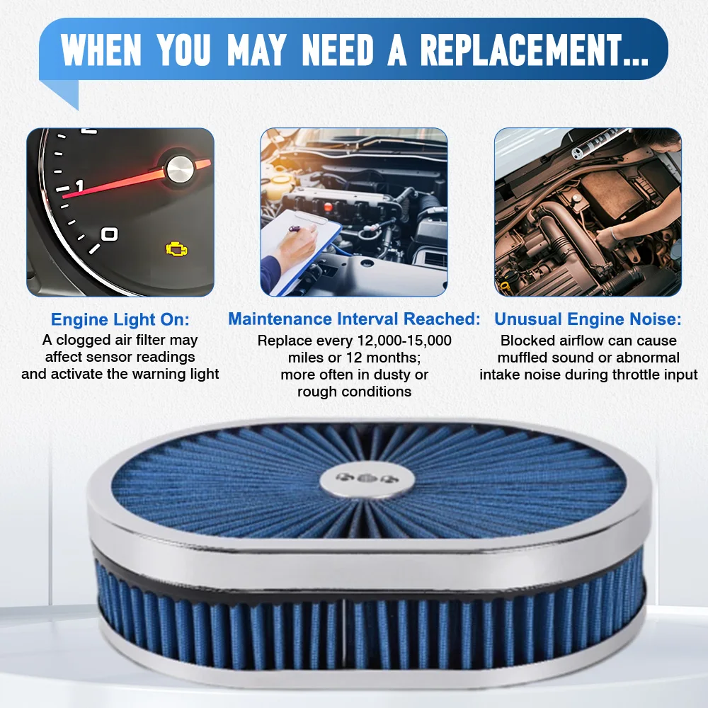 For Chevrolet Camaro Impala GMC Sierra Ford Mustang Torino Dodge Charger Plymouth Barracuda 12" x 2" Oval Air Filter Assembly view 6