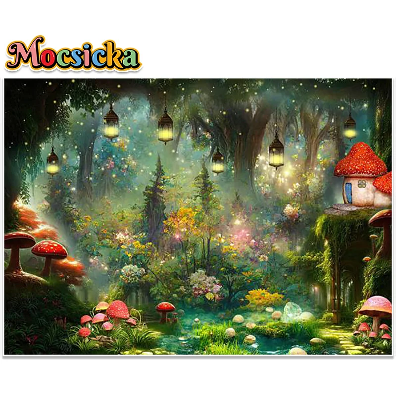 MOCSICKA Fairy Tale Forest Photography Backdrop Mushroom House Tree Fireflies Boys Birthday Decor Banners Kids Photo Background