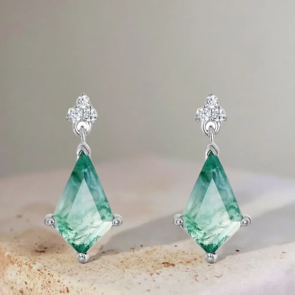 

Kite Cut Moss Agate Earrings Sterling Silver Women's Dangle Earrings Kite Cut Earring Studs for Gift Banquet