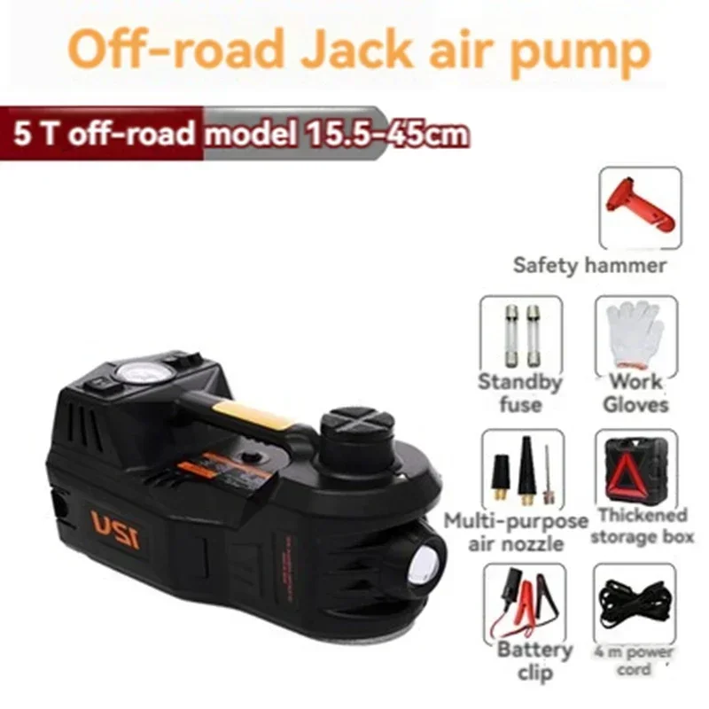 Vehicle multi-functional tire inflator pump, electric hydraulic jack, off-road tools