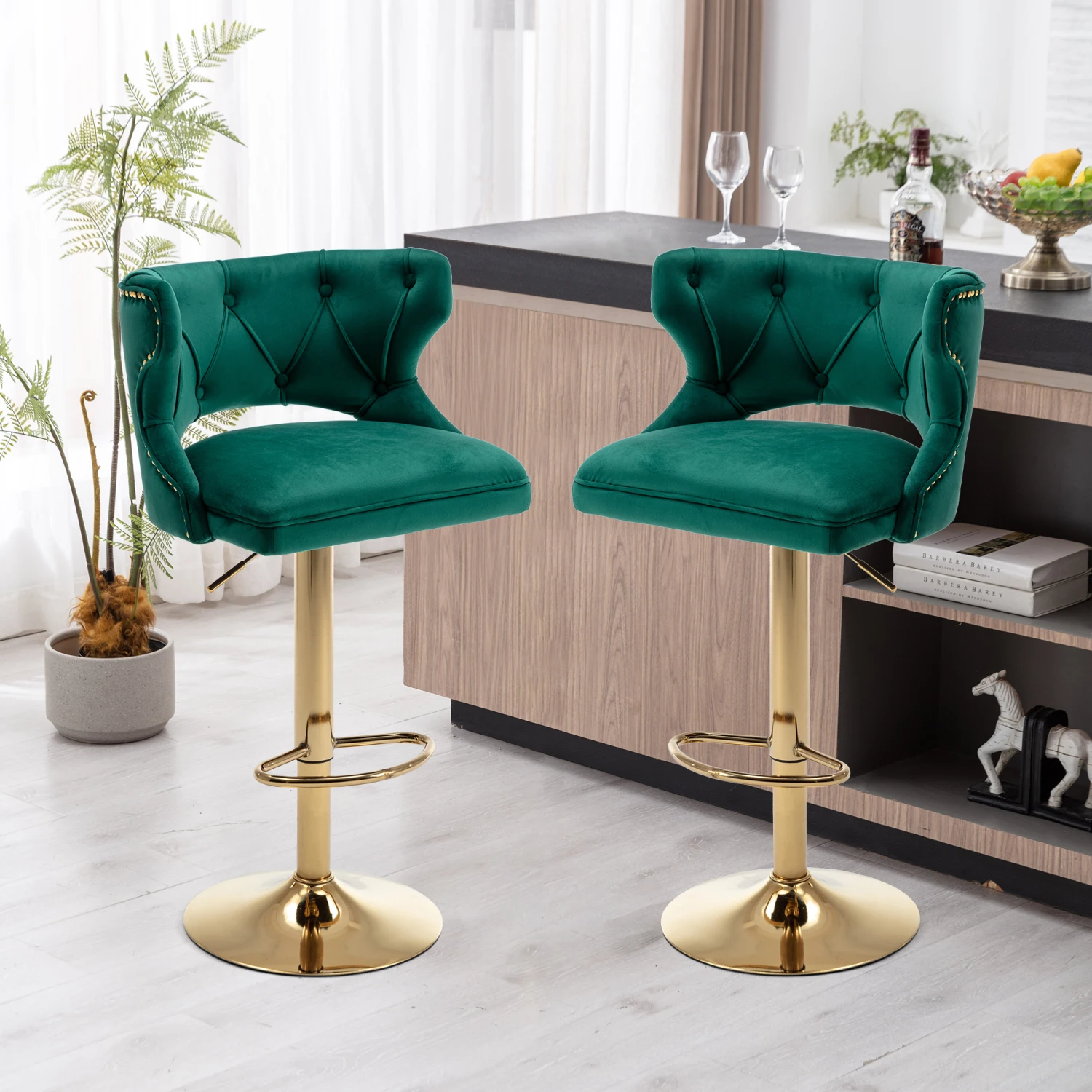 

Bar Stools With Back and Footrest Counter Height Dining Chairs-Velvet Green-2PCS/SET