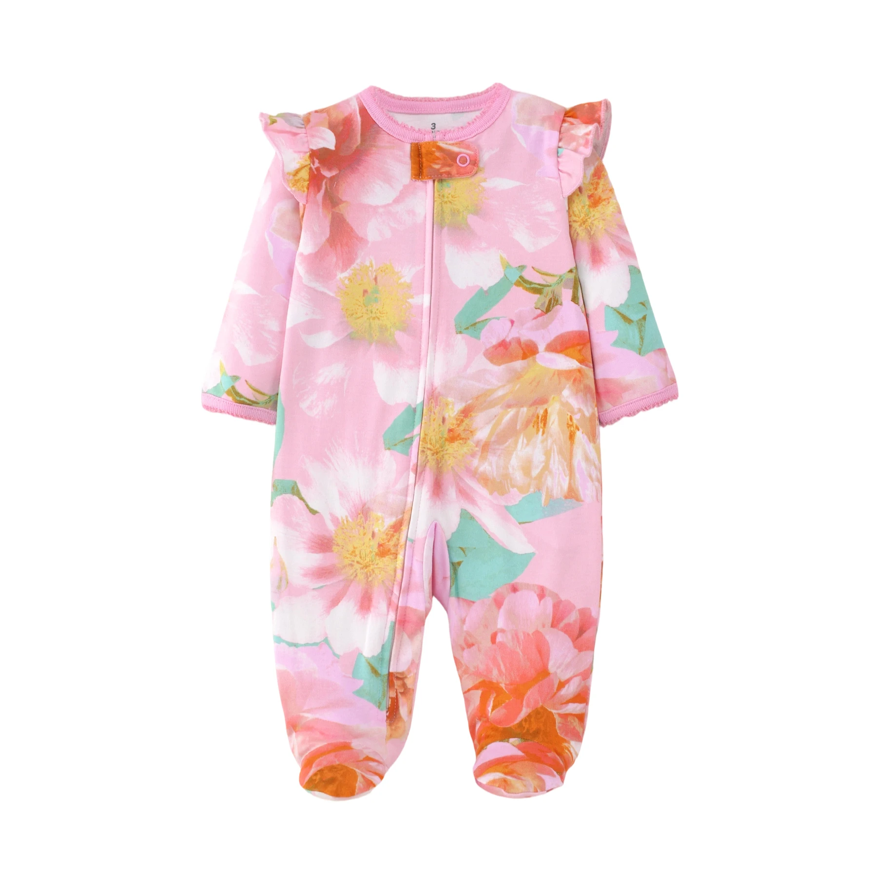 Pure Cotton Ruffle Sleeve Baby Footed Romper All-over Watercolor Floral Print Zipper Onesie for 3-9M Newborn Girls All Seasons