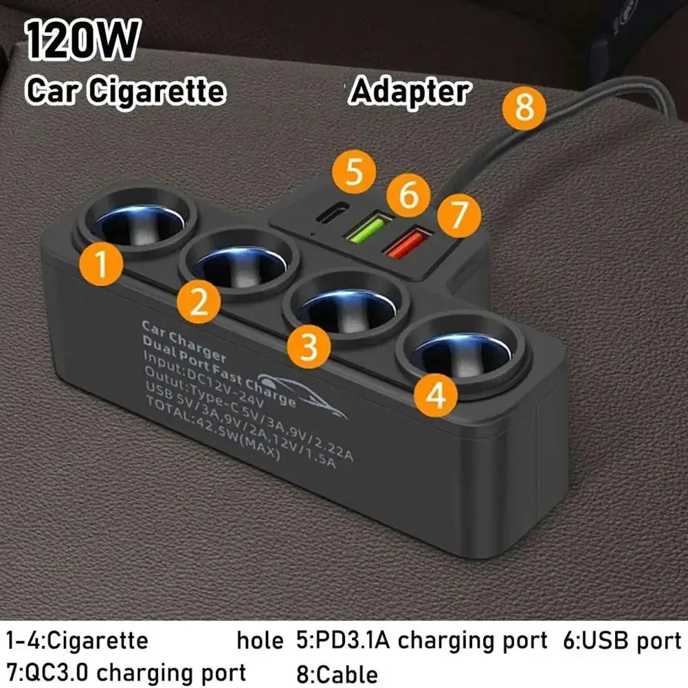 120W Car Cigarette Lighter Splitter Fast Charger PD QC3.0 Dual USB Socket 12V 24V Plug Phone Power Adapter for Car DVR Dashcam