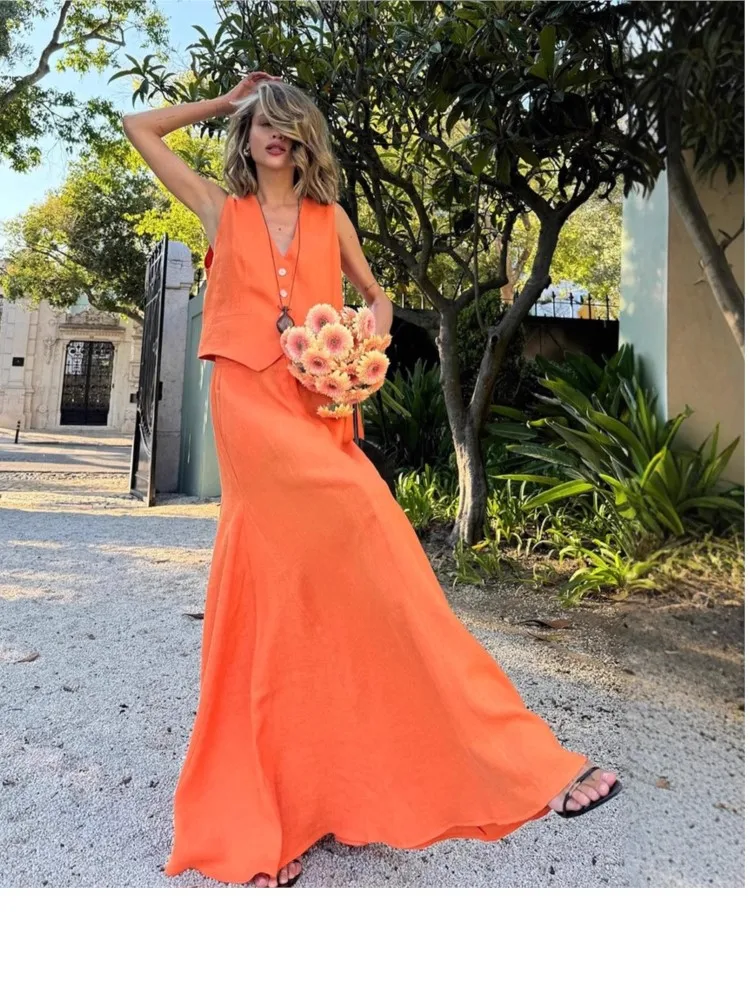 

Woman 2 Piece Set Outfit Casual Cotton Sleeveless Linen Vest Skirt Solid Color V-link Two Piece Outfits Temperament Elegant Slim