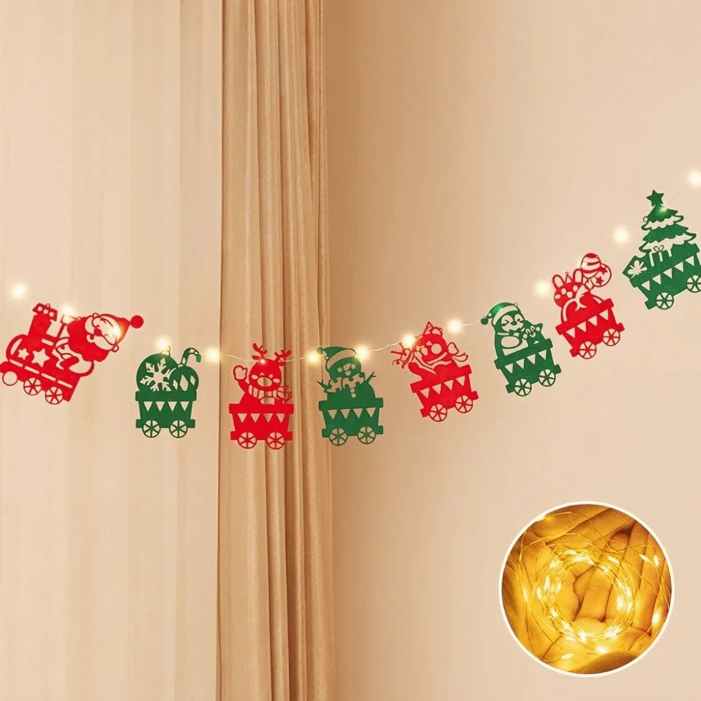 Cartoon Christmas Luminous Banner Santa Claus Battery Powered Wall Hanging Banner Creative Warm Light DIY Pull Flag
