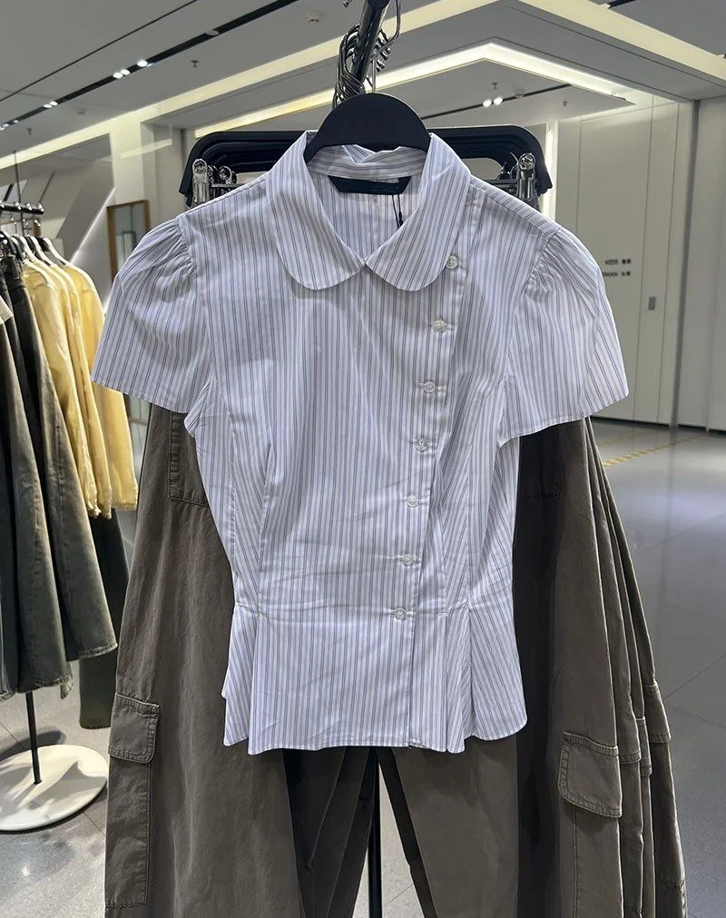 

2026 new women's clothing sweet style slim fit waist cinched small round collar short sleeved striped poplin shirt