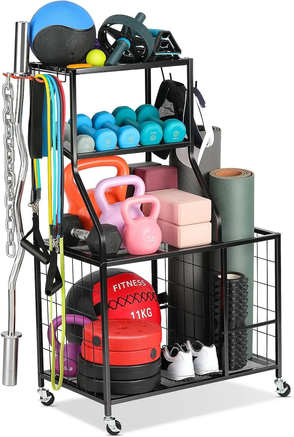 رف تخزين متعدد الوظائف للصالة الرياضية مع عجلات لحمل الأثقال وحصائر اليوغا ومعدات اللياقة البدنية