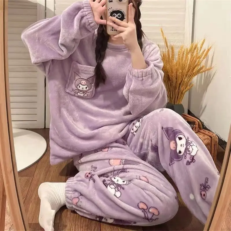 Sanrio Hello Kitty Soft Coral Fleece Home Clothes 2 Piece Set Women Pullover Tops Pants Pajamas Suit Female Plush Sleepwear