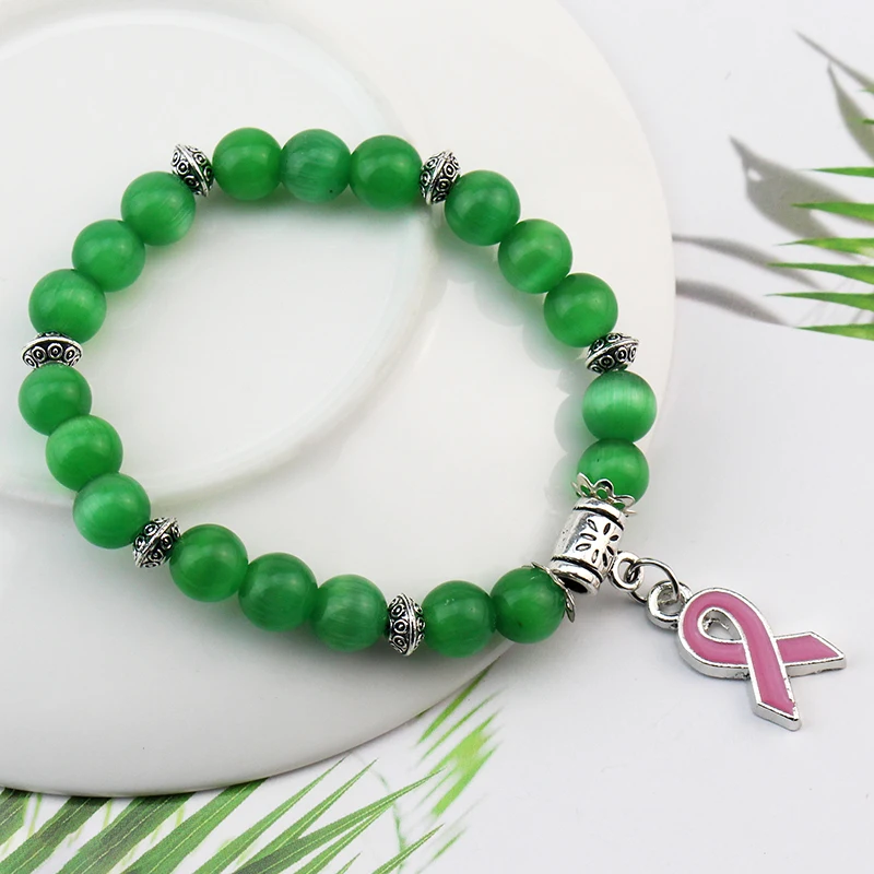 New Arrival Breast Cancer Awareness Jewelry Pink Opal Beaded Bracelet Breast Cancer Pink Ribbon Charm Bracelets Bangles