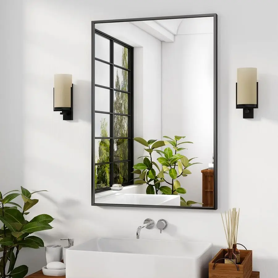 

28x20 Bathroom Mirror for Wall, Black Framed Rectangle Mirror Aluminum Alloy Frame WallMounted Horizontally Vertically for Entry