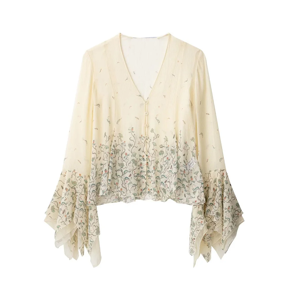 

Taop&Za women's temperament layered decoration V-neck trumpet long sleeved shirt summer new casual flower printed top