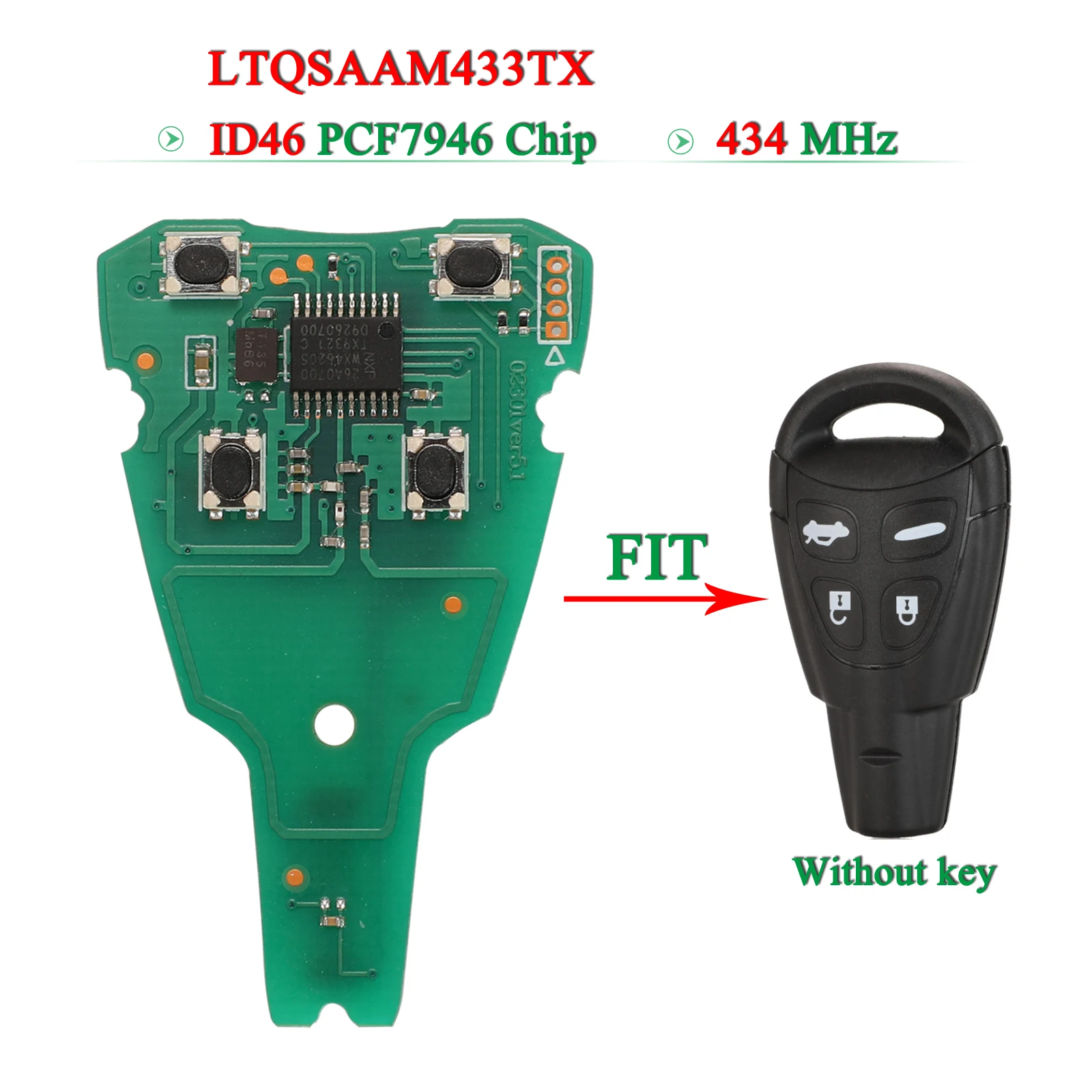 jingyuqin LTQSAAM433TX 434MHz Remote Car Key Circuit Board For SAAB 9-3 9-5 2003-2010 Fob id46 pcf7946 Chip 4 Buttons