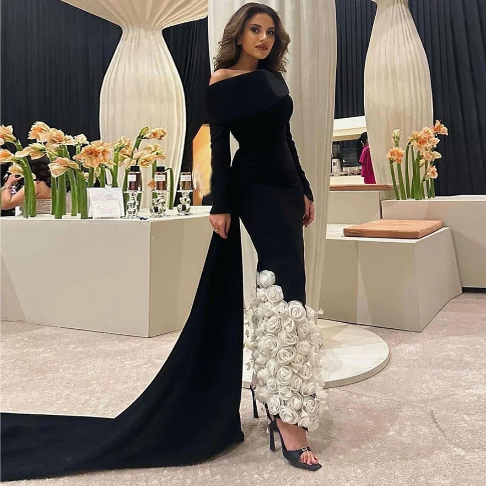 Fashion Long Sleeves Women Prom Dresses Elegant Flowers Floor Length Sheath Gowns Chic Birthday Party Formal Evening Dresses