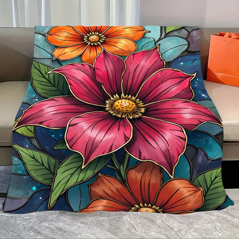 

1pc Flannel Blanket Vibrant Floral Stained Glass Style Throw Blanket for Cozy Living Room Decor