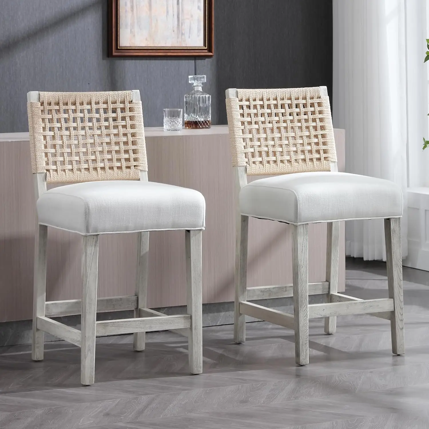 

27" Counter Height Bar Stools 2pc Farmhouse Wood Linen Seat Woven Back 6.5" Upholstered Kitchen Customized