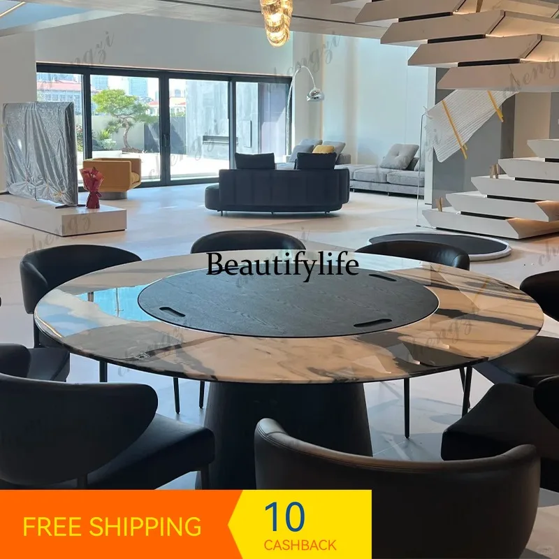 PP37 Natural panda white luxury stone round dining table light luxury solid wood high-end marble dining table with turntable