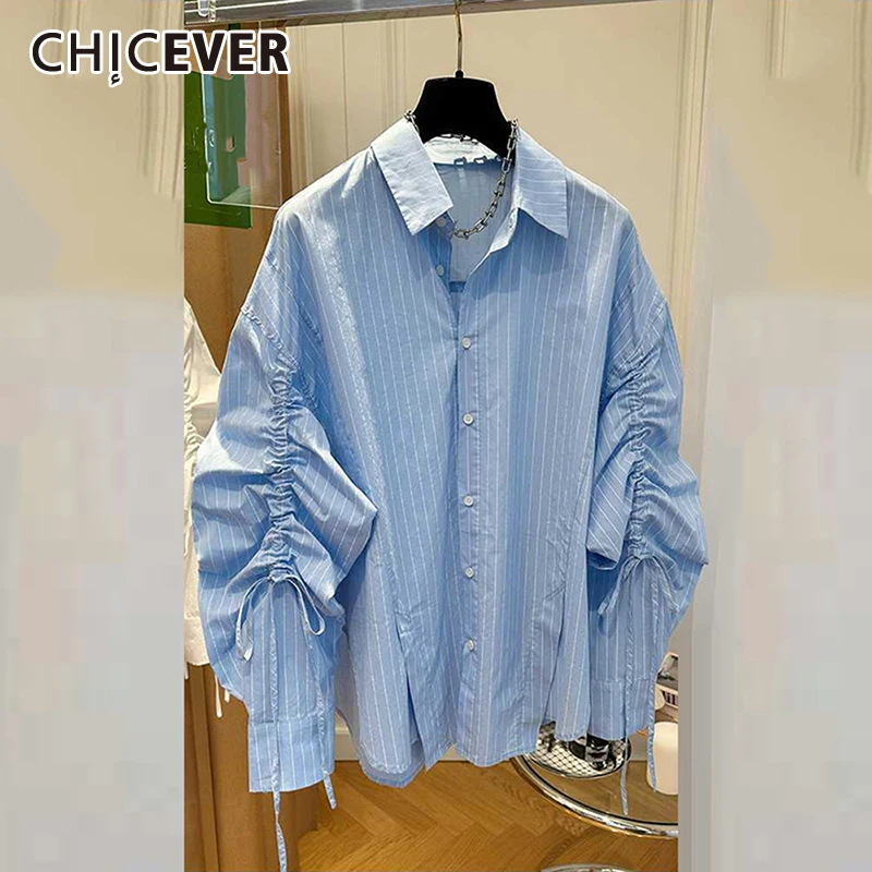 

CHICEVER casual Spliced Drawstring Shirts For Women Lapel Long Sleeve Patchwork Single Breasted Striped Shirt Female Autumn New