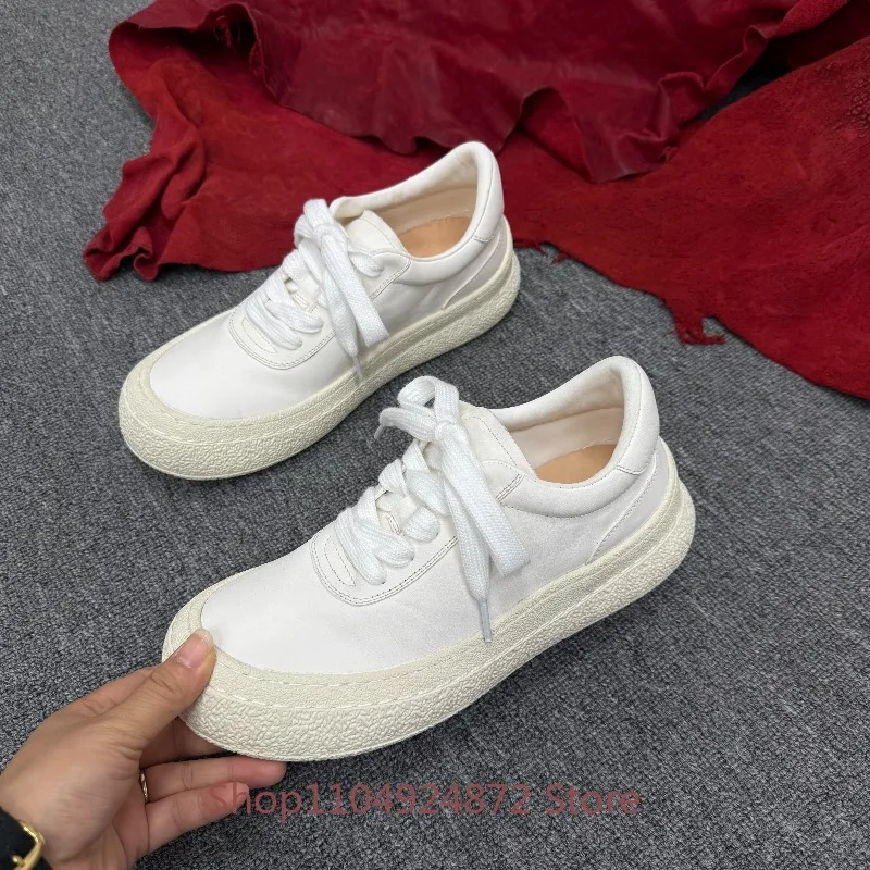 Vintage Washed Horse Leather Sneakers Men's Handmade Lace Up Thick Platform Sole Genuine Leather Casual Walking Board Shoes