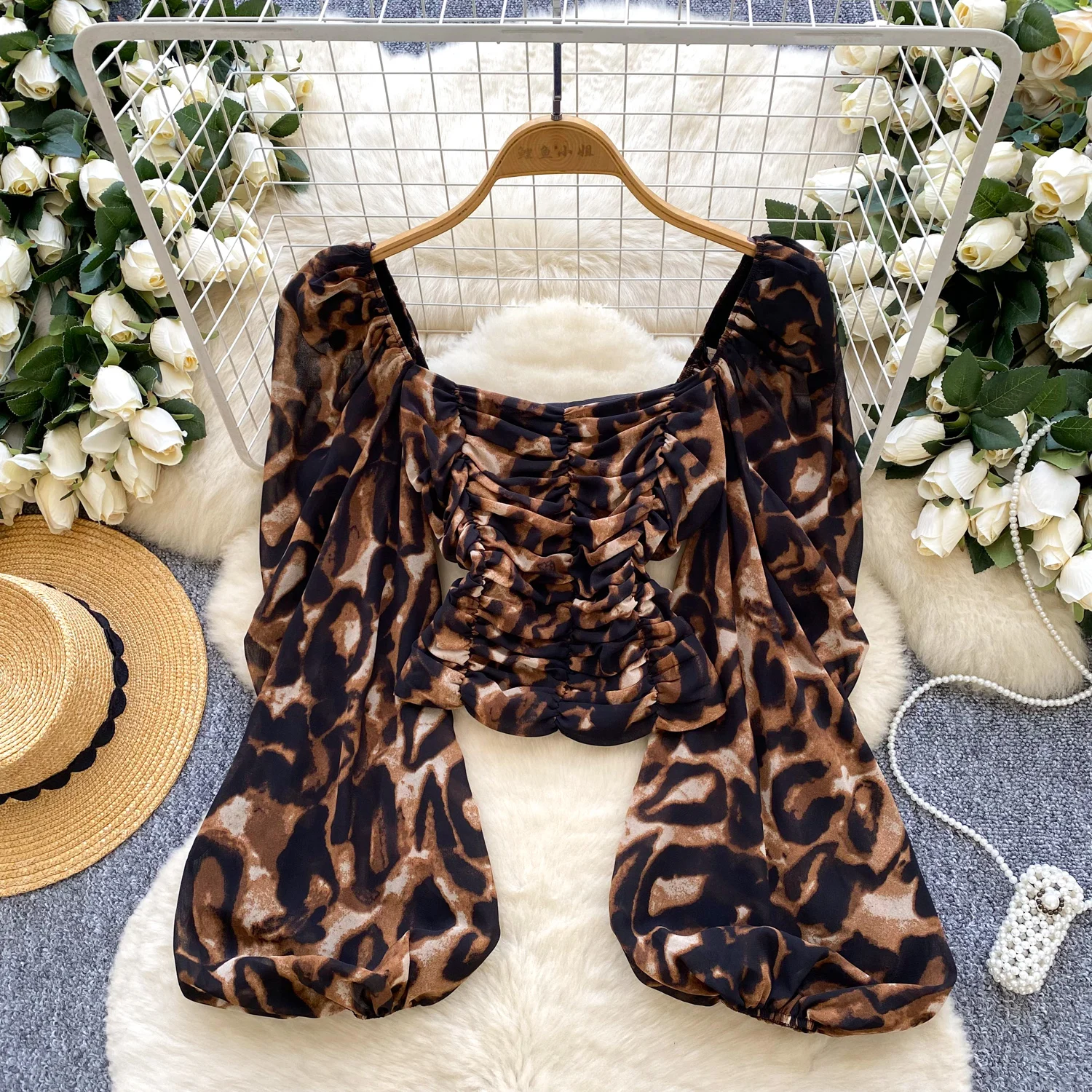 

Chic Long Sleeve pleated leopard puff sleeve basics Elegant Fashion Sexy Shirt Spring Summer Women Blouse Women