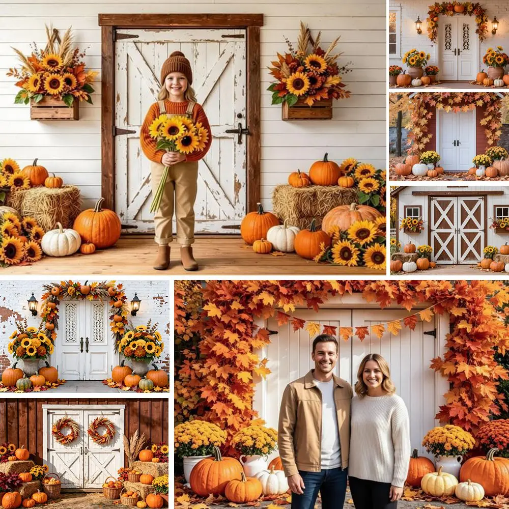 Autumn White Wood Barn Door Backdrop for Photography Pumpkins Maple Leaves Kids Family Portrait Birthday Party Photo Background