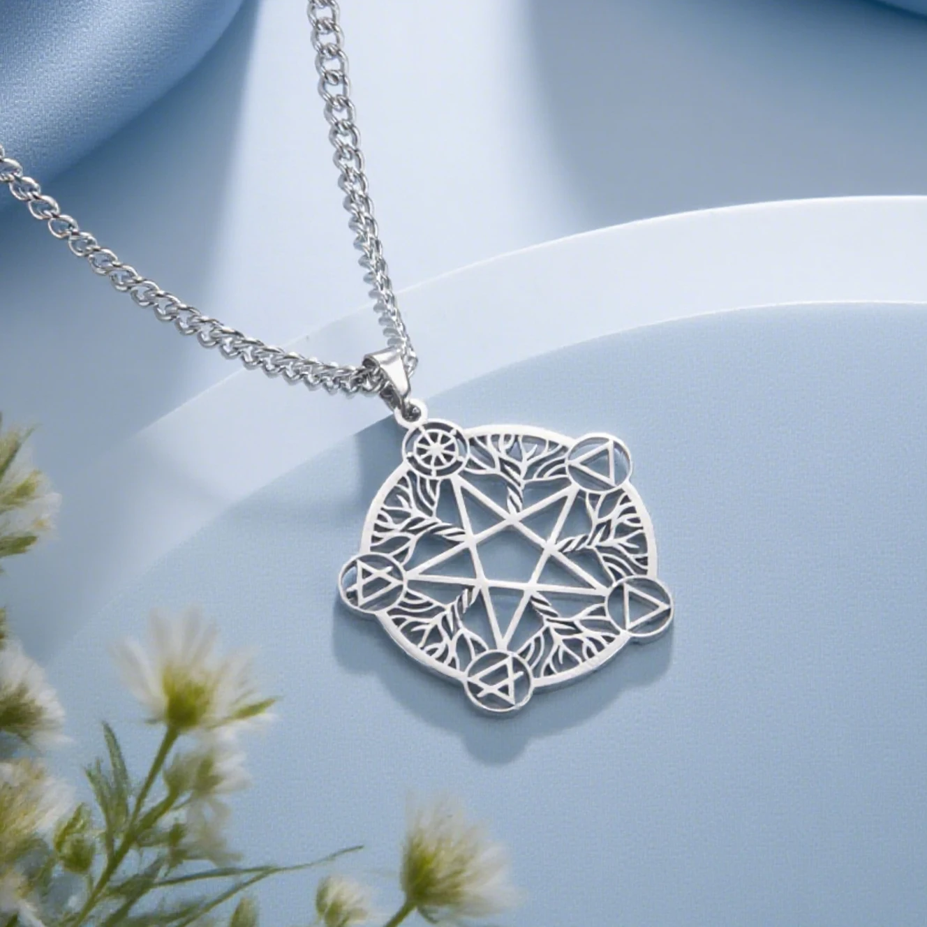 Dawapara Wicca Pentagram Witch Necklace Stainless Steel Amulet for Eternity and Infinity Pagan Religious Symbol Jewelry