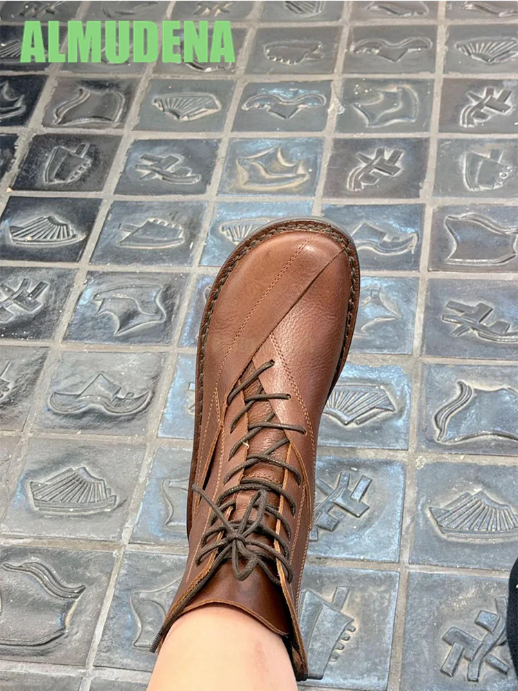 

Straps Thick Soled Short Boots Lace Up Design Height Increasing Big Toe Boots Retro Brown Round Toe Casual Versatile Work Boots