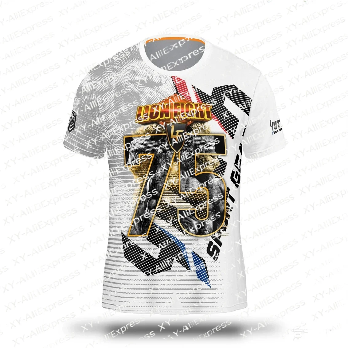 Men's Lion Fight Protective Shirt White Geometric Pattern Short Sleeve MMA BJJ Training Top Quick-Dry Boxing Sports T-Shirt