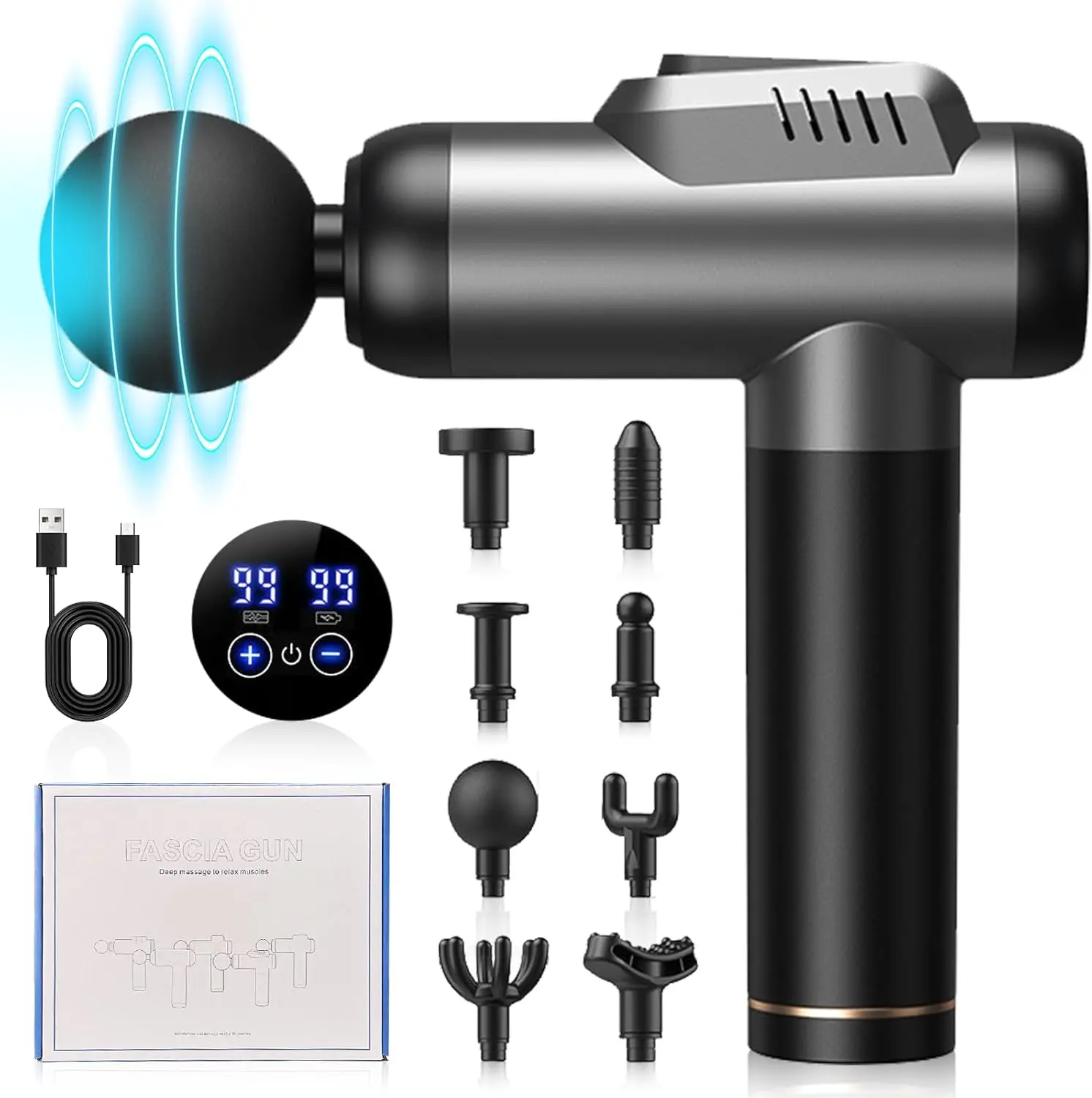 

99-скоростной массажный пистолет, 8 массажных головок с зарядным устройством Type-C для дома, офиса, спорта, массажа мышц всего тела и релаксации.