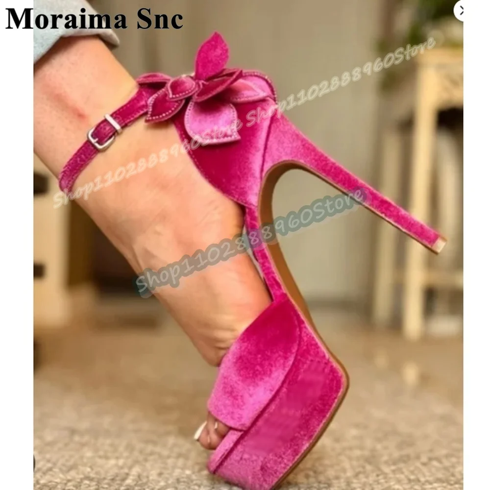 

Rose Red Suede Platform Applique Sandals Stilettos High Heel Shoes For Women Ankle Buckle Strap Peep Toe Luxury Banquet Sandals