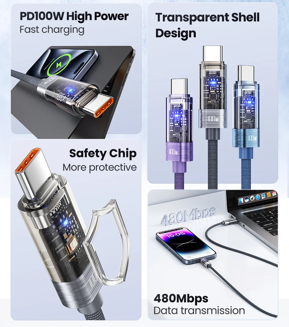 Toocki 100W USB-C-auf-USB-C-Kabel mit automatischer Abschaltung, PD3.1, QC4.0, Schnellladekabel für MacBook, iPhone 16, 15, Samsung S23, S24, Huawei. – Detail 2