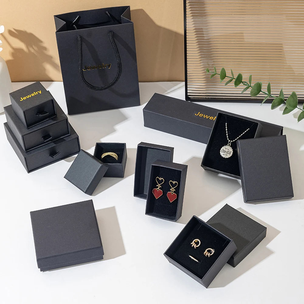 

100Pcs Custom Logo Jewelry Packageing Drawer Gift Box 2.5cmThick Cardboard Case Black Sponge Ring Necklace Pendant Storage Boxes