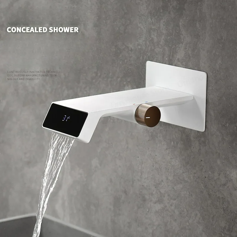 Luxury Gun Gray Brass Bathroom Faucet Embedded Concealed Digital Display Basin Faucet Hot and Cold Sink Waterfall Wall Faucet