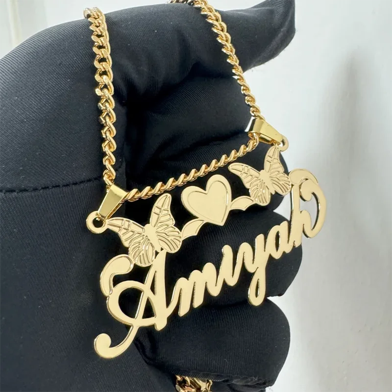 Dhqh novo atacado nome personalizado borboleta colar carta personalizada placa de identificação borboleta em forma de coração colar presente