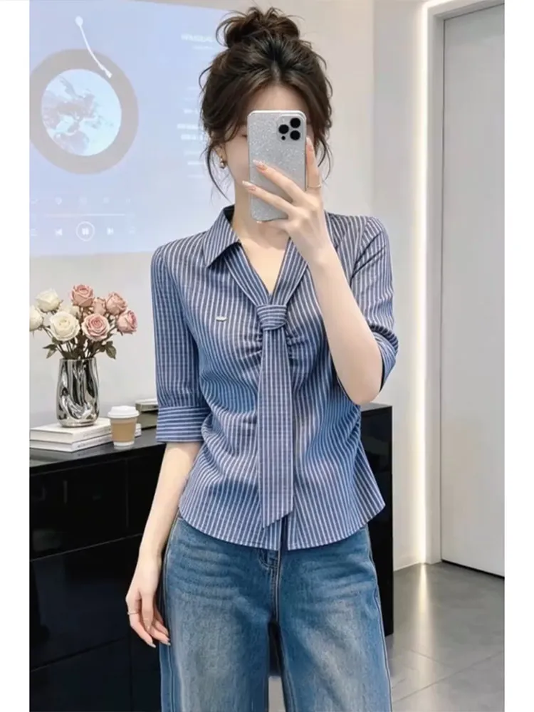 

Fashionable Striped Shirt Women's Summer plus Size Tie Neck Design Slimming Effect Business Casual Polyester Fiber Shirt