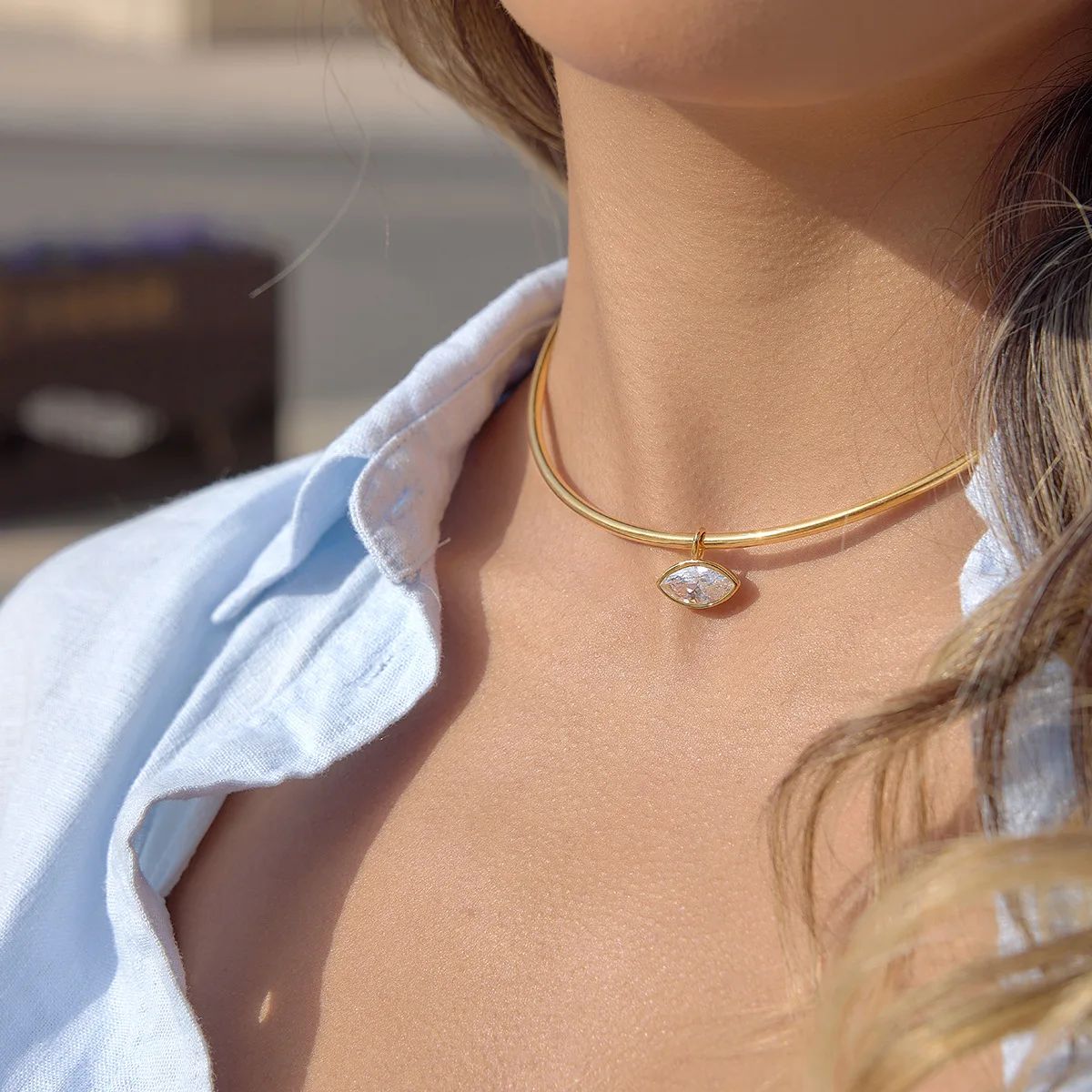 Geometric Zircon Pendant Torques Necklace For Women 18K Gold PVD Plated Stainless Steel Necklace Fashion Jewelry Gift