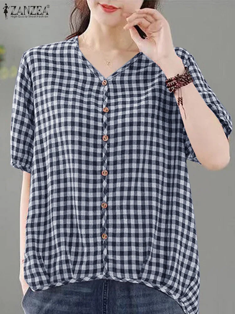 ZANZEA Checked Casual Shirt Plaid Loose Vintage Fashion Blusas Women V Neck Holiday Party Tunic Tops Summer Short Sleeve Blouse