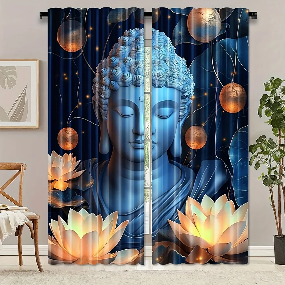 Zen Buddha Lotus Window Curtain 2 Panels, Peaceful Blue Buddha Glowing Water Lily Dark Night Pattern, Drapes Living Room Curtain