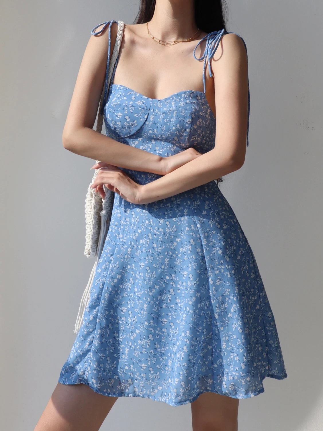 Blue Flower Spaghetti Strap Vintage Dress Women Clothing Sleeveless Lace-up Fashion Summer Mini Womens Dresses Vacation Outfits