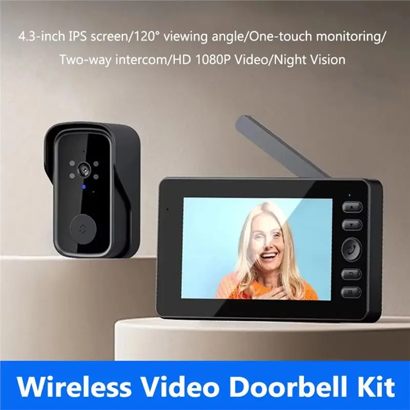 【MUST-HAVE】Home Security Wireless Video Doorbell 4.3In LPS Screen Night Vision Waterproof Visual Doorbell Camera Two-Way Interco