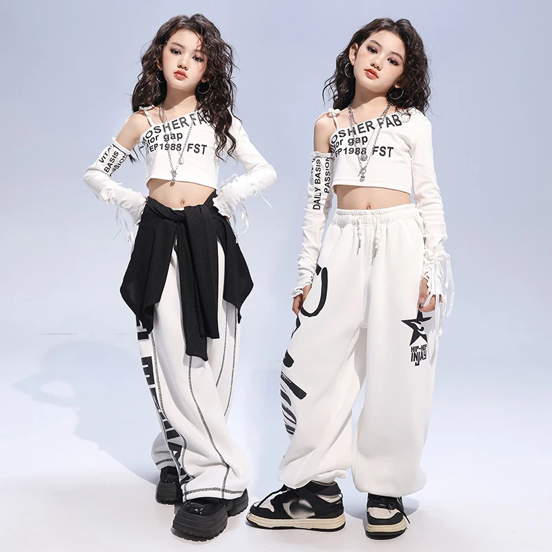 

Children Clothing Jazz Dance Stage Outfit Kpop Dance Costume Girl Crop Top White Shuffle Pants Fashion Hip Hop Streetwear 2791