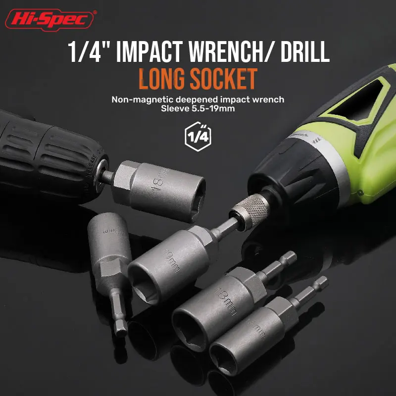 Impact Socket Adapter Set 5.5-19Mm With Length Deepening Feature Includes 1/4-Inch Hex Shank For Power Nut Driver Tools