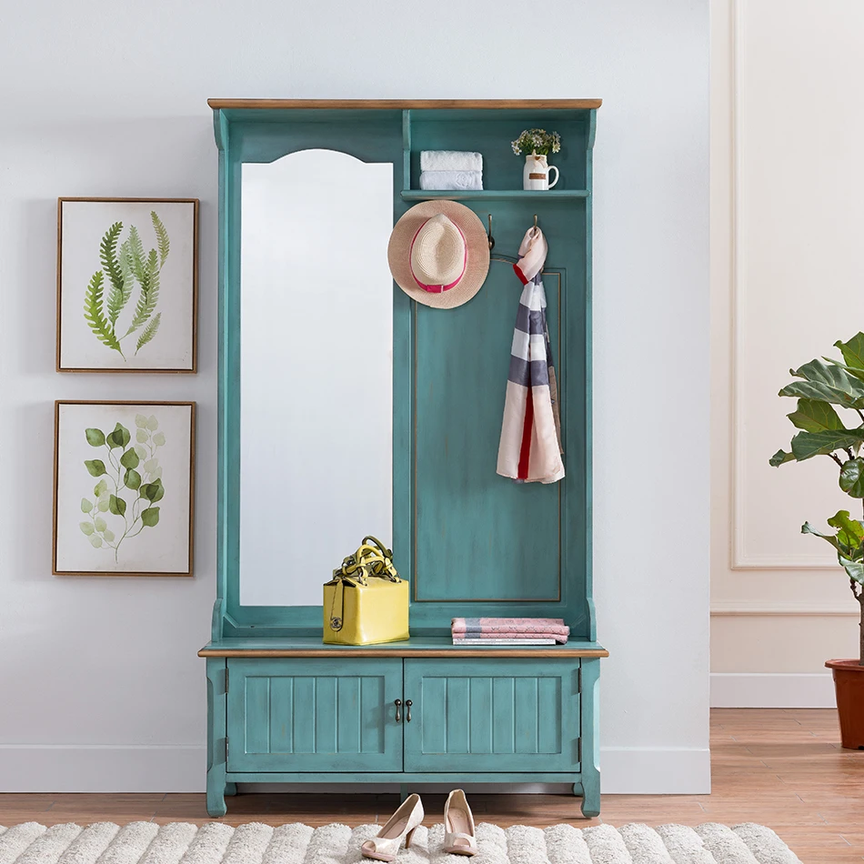 American Furniture Door Coat Cabinet Vintage Two Door Bedroom Mediterranean Style Hanger Shoe Cabinet Combination with Mirror