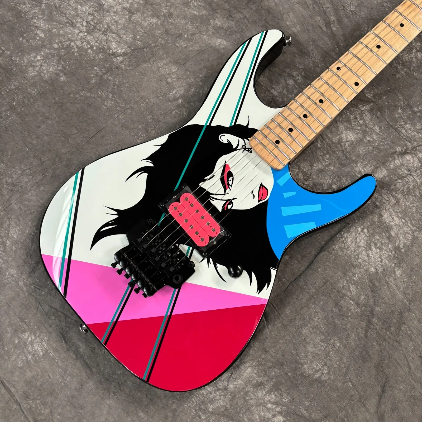 Electric Guitar 80s Glam Metal Shape Pop Art Girl Painted Graphic Pink Finish Humbucker Pickups Double-Locking Tremolo