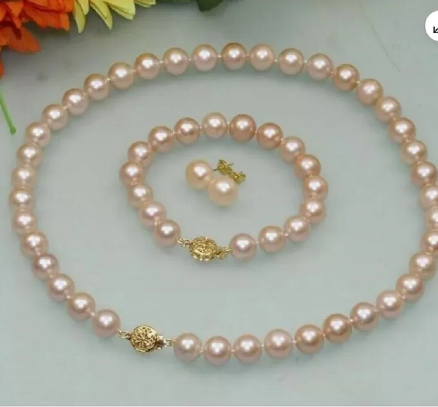 HOT AAAA 8-9MM AKOYA Pink PEARL NECKLACE BRACELET EARRING SET 14Kp GOLD