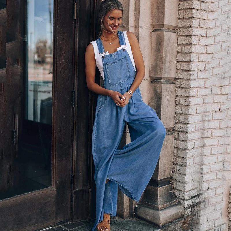 Summer Overalls For Women Blue Denim One-Piece Jumpsuits Loose Wide-Leg With Pocket High-Waist Jumpsuits