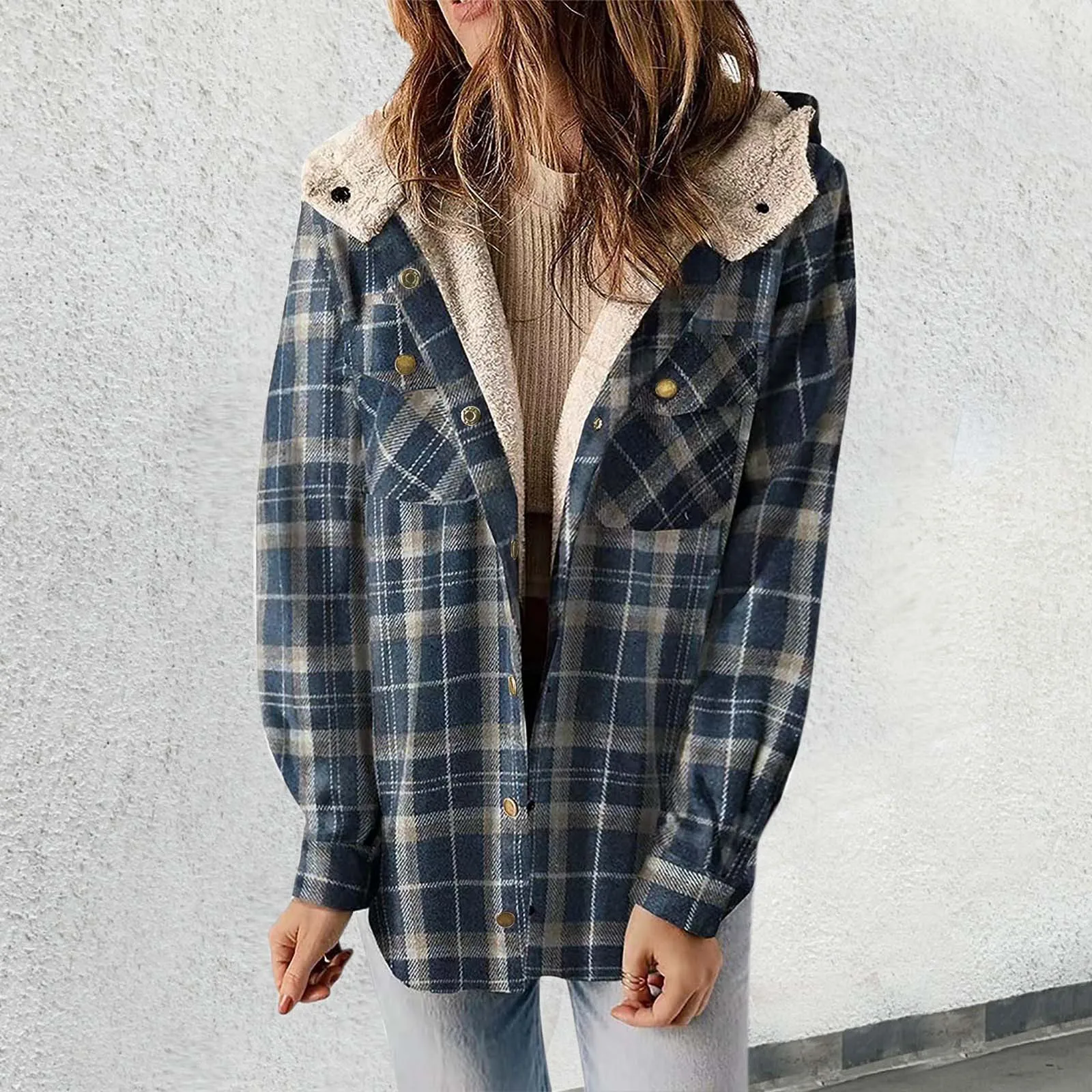 Womens Plaid Shacket Jacket Long Sleeve Button Down Fleece Hooded Jackets Warm Copper Women Sweaters Jackets Winter