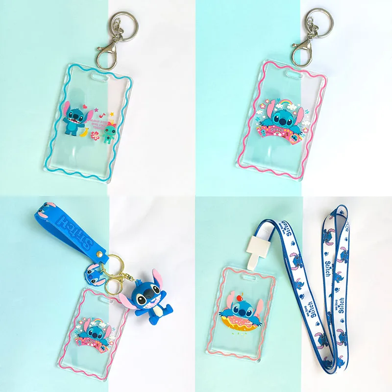 

Cartoon Kawaii Stitch Card Set Transparent Key Chain Student Campus Entrance Card Protector Birthday Gift